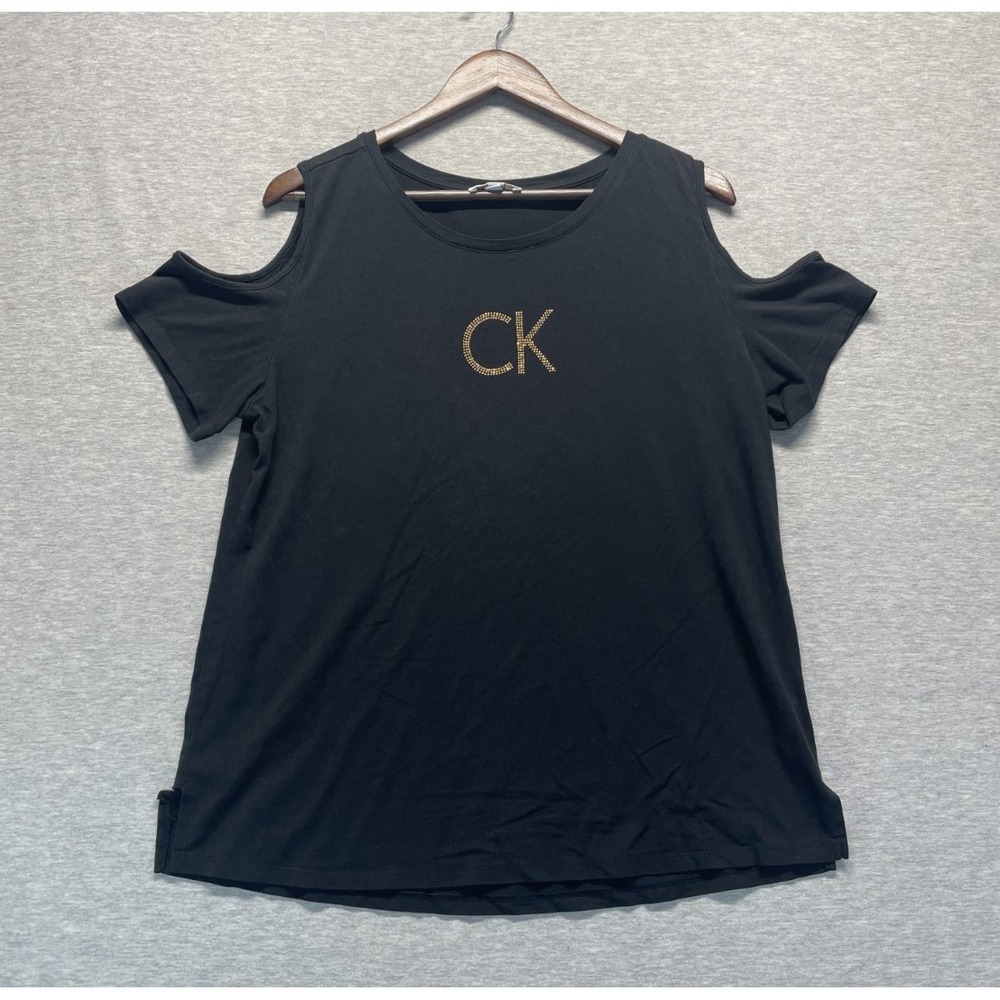 Calvin Klein T-Shirt Womens Large Black Rhinestone CK Logo Cold Shoulder Sleeve